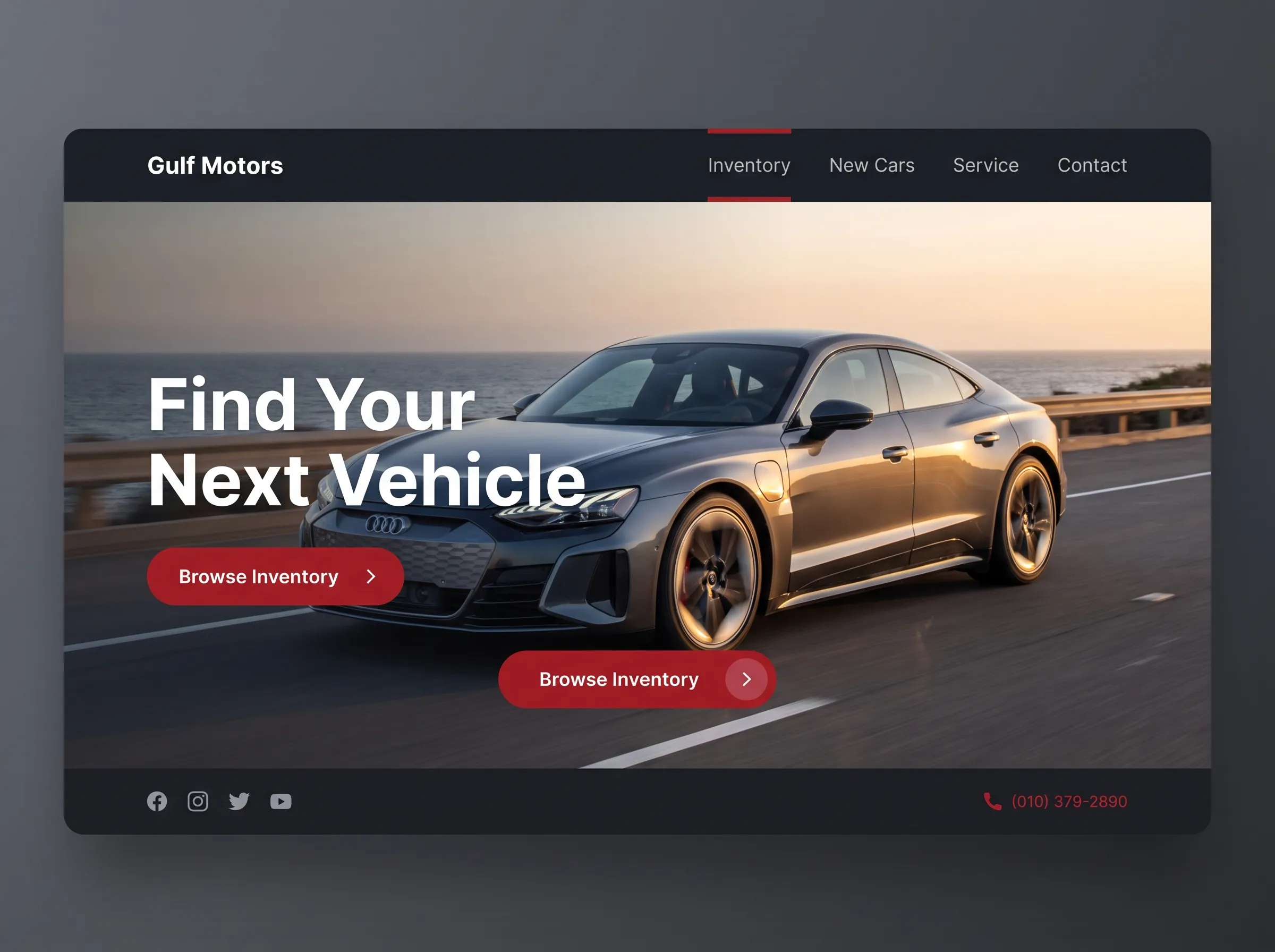 Example car dealership website design with a browse-inventory call to action