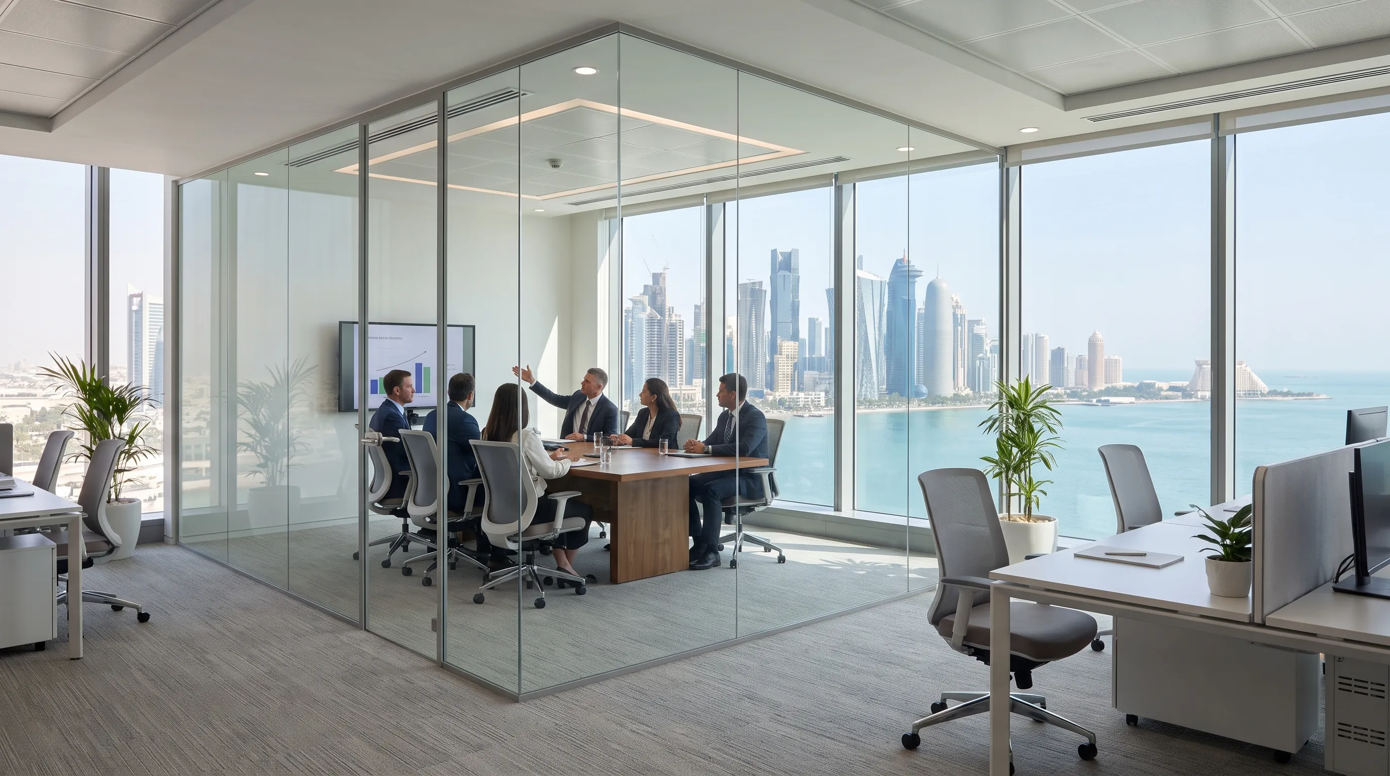 Glass conference room with a Doha skyline view, representing Market Labs AI's professional-services web design work