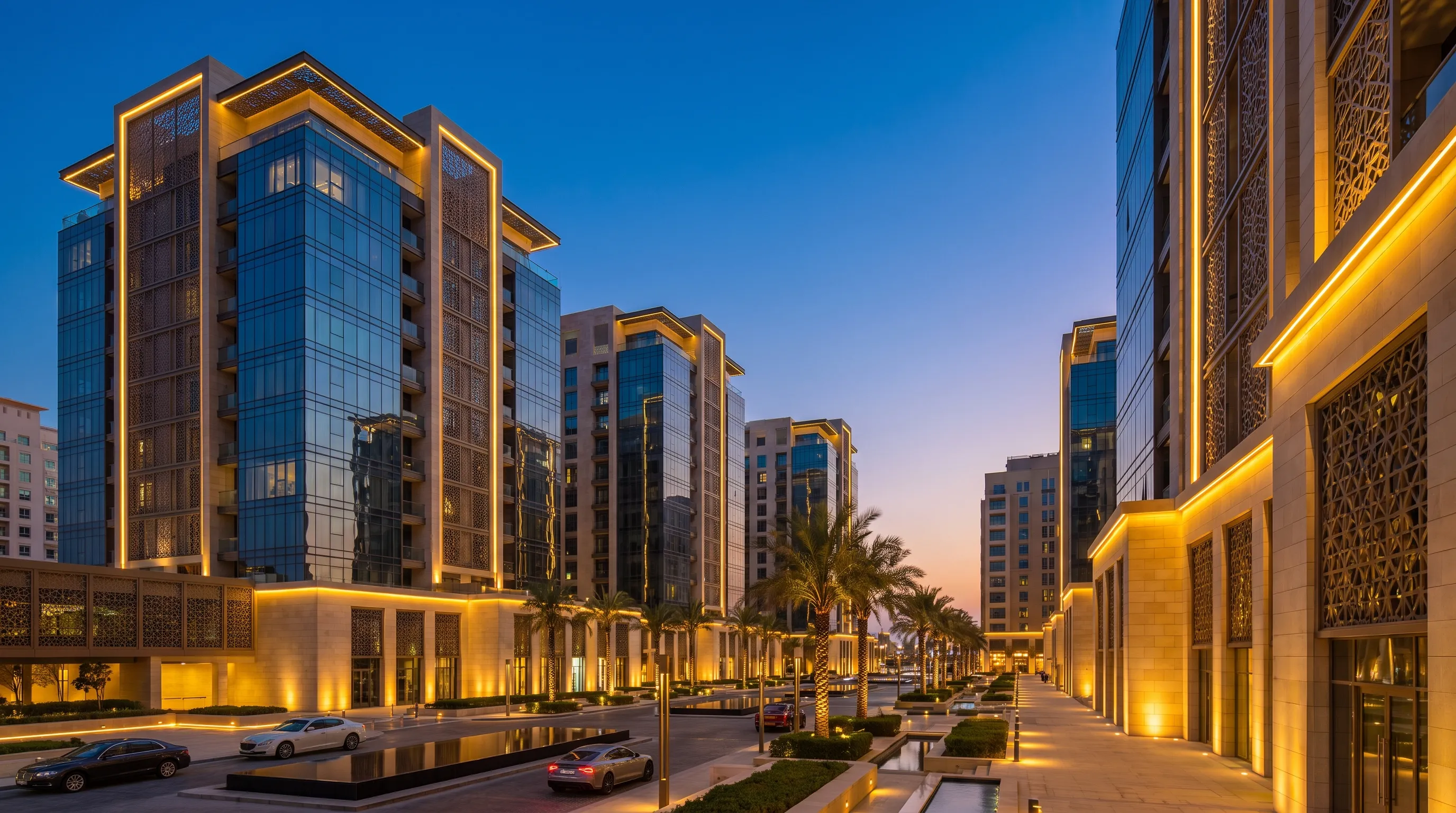 Modern residential property towers in Doha at dusk, representing Market Labs AI's real estate web design work