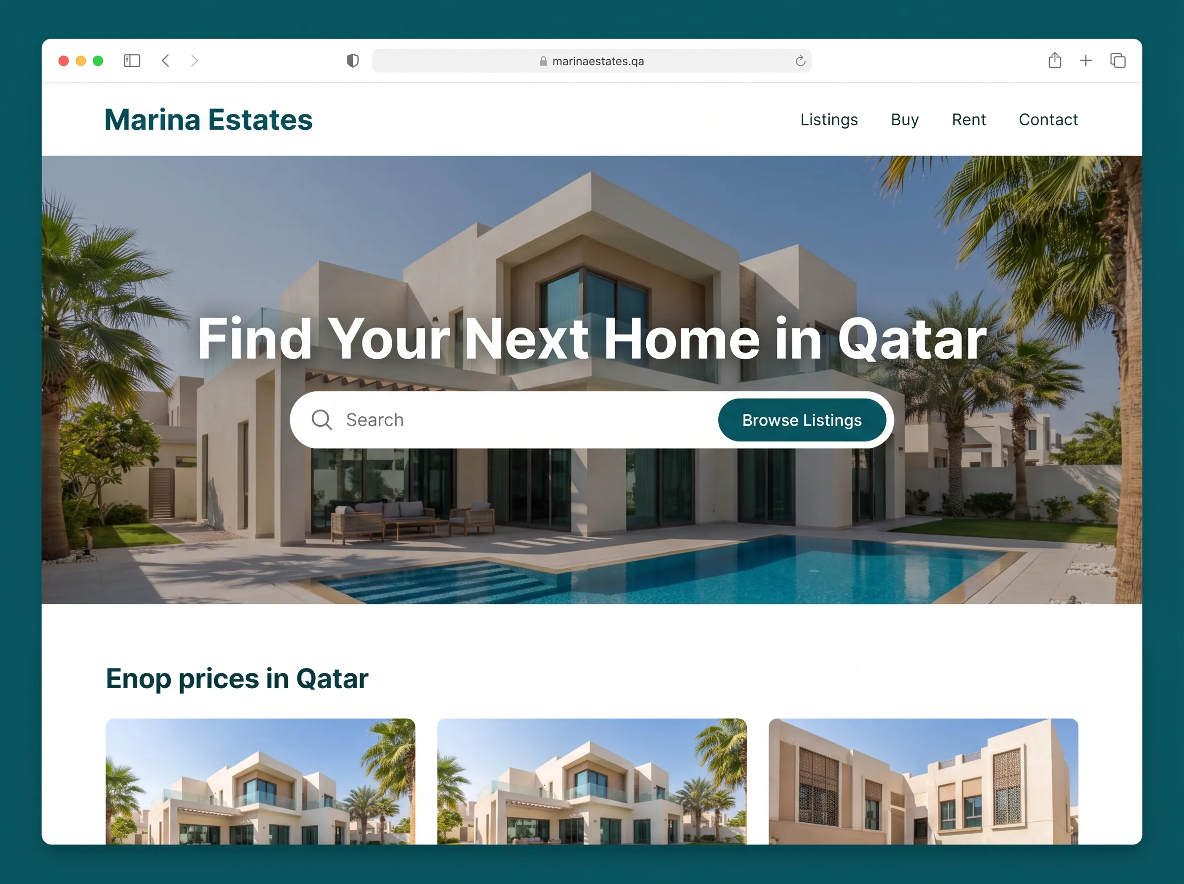 Example real estate listing website design with a property search and browse-listings call to action