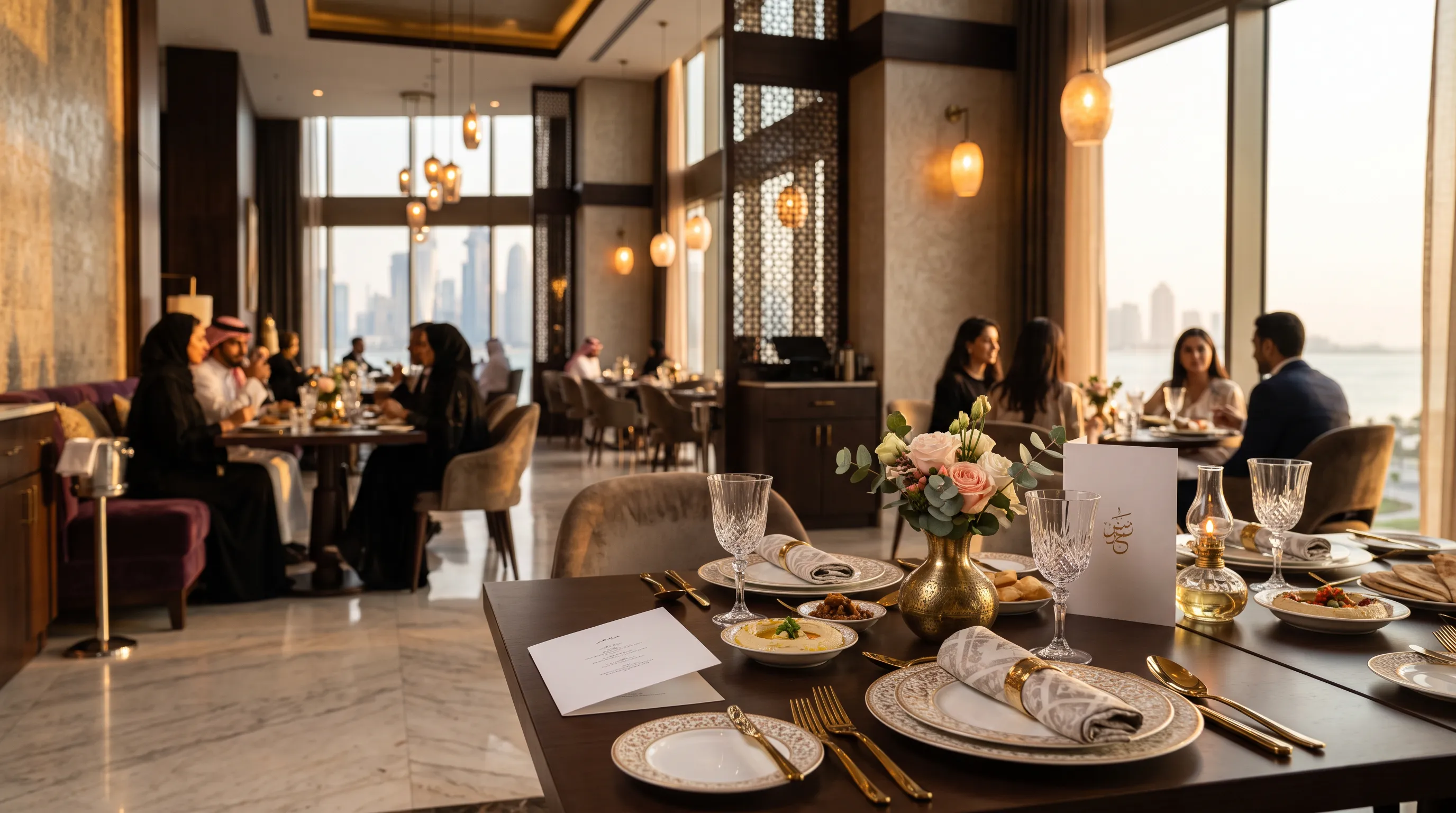 Elegant restaurant interior in Doha at golden hour, representing Market Labs AI's hospitality web design work