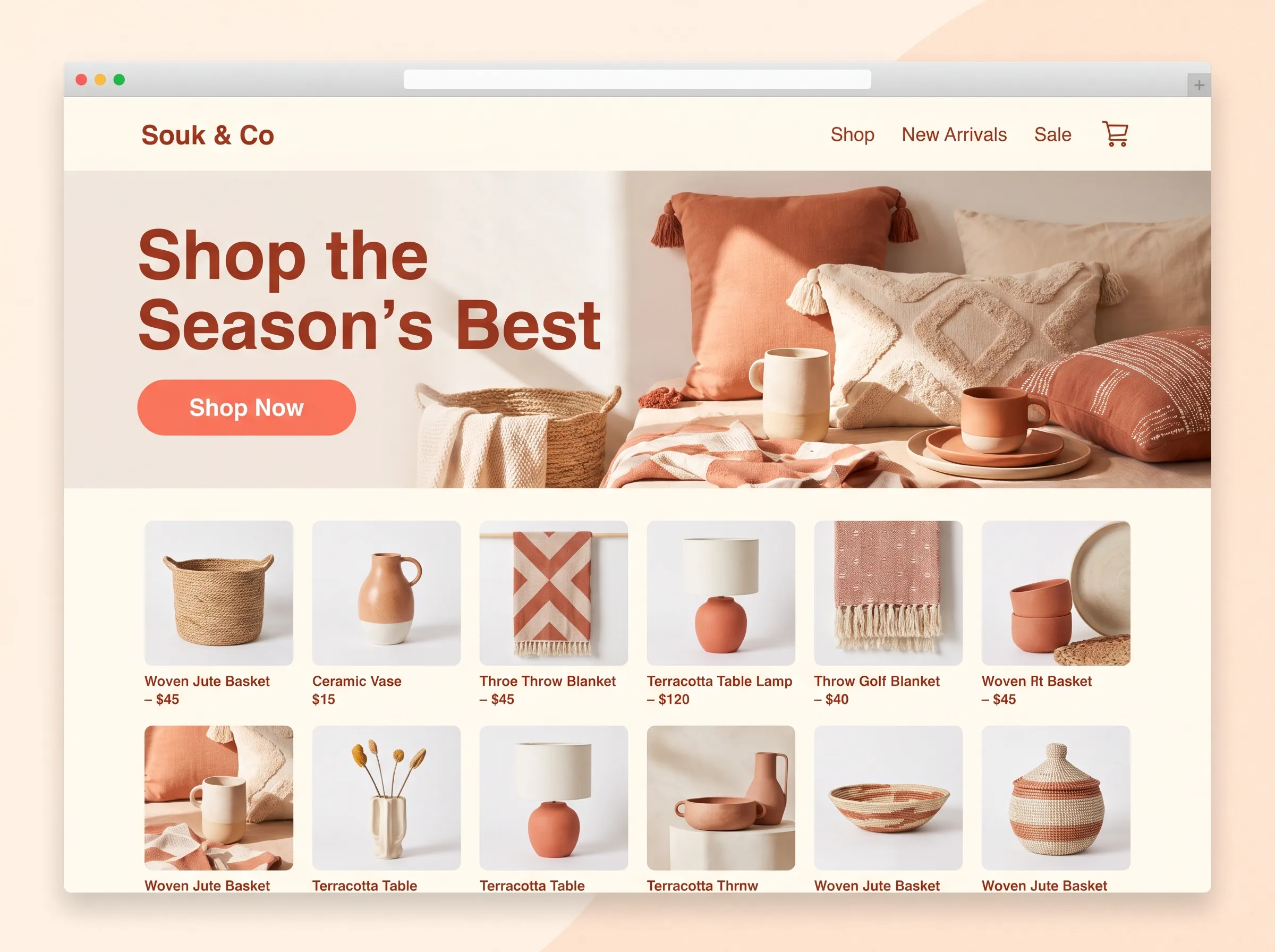 Example e-commerce storefront website design with a product grid and shop-now call to action
