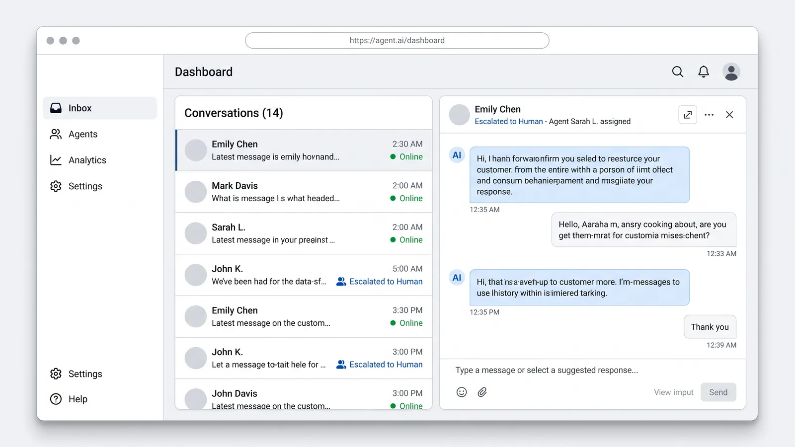 AI agent inbox console showing a list of customer conversations and agent status