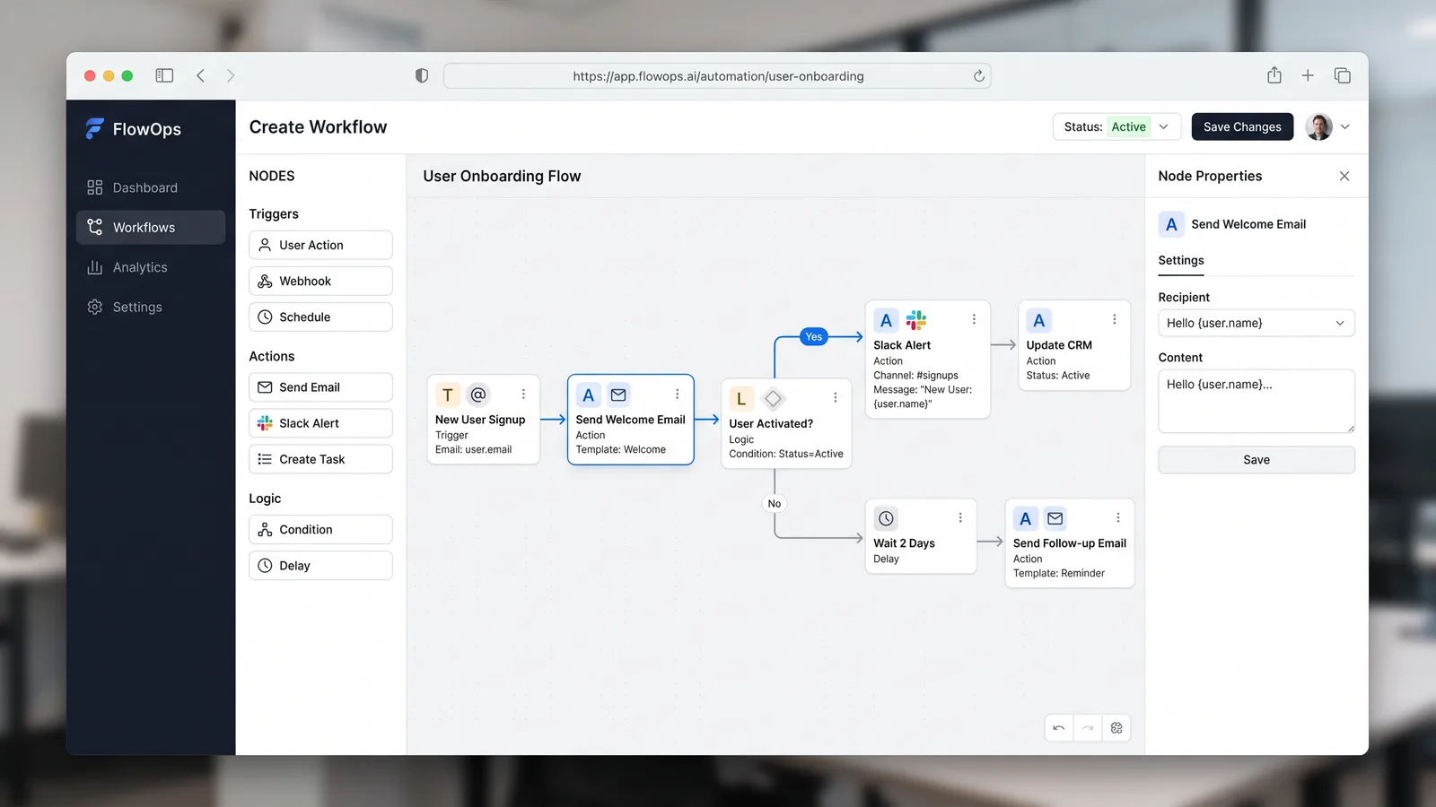 Workflow automation builder showing connected nodes for triggers and actions