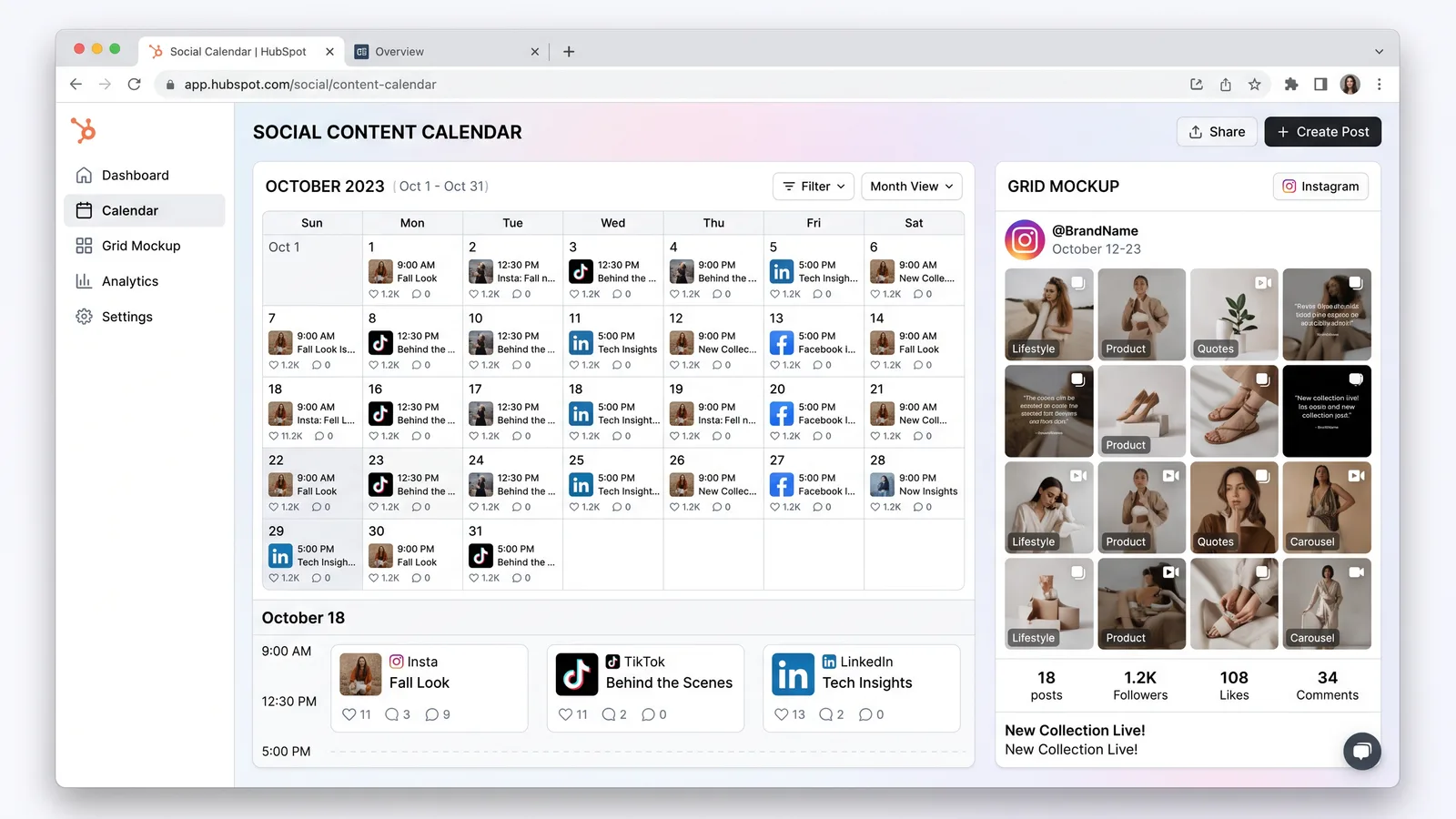 Social media content calendar showing a grid of scheduled posts and engagement stats