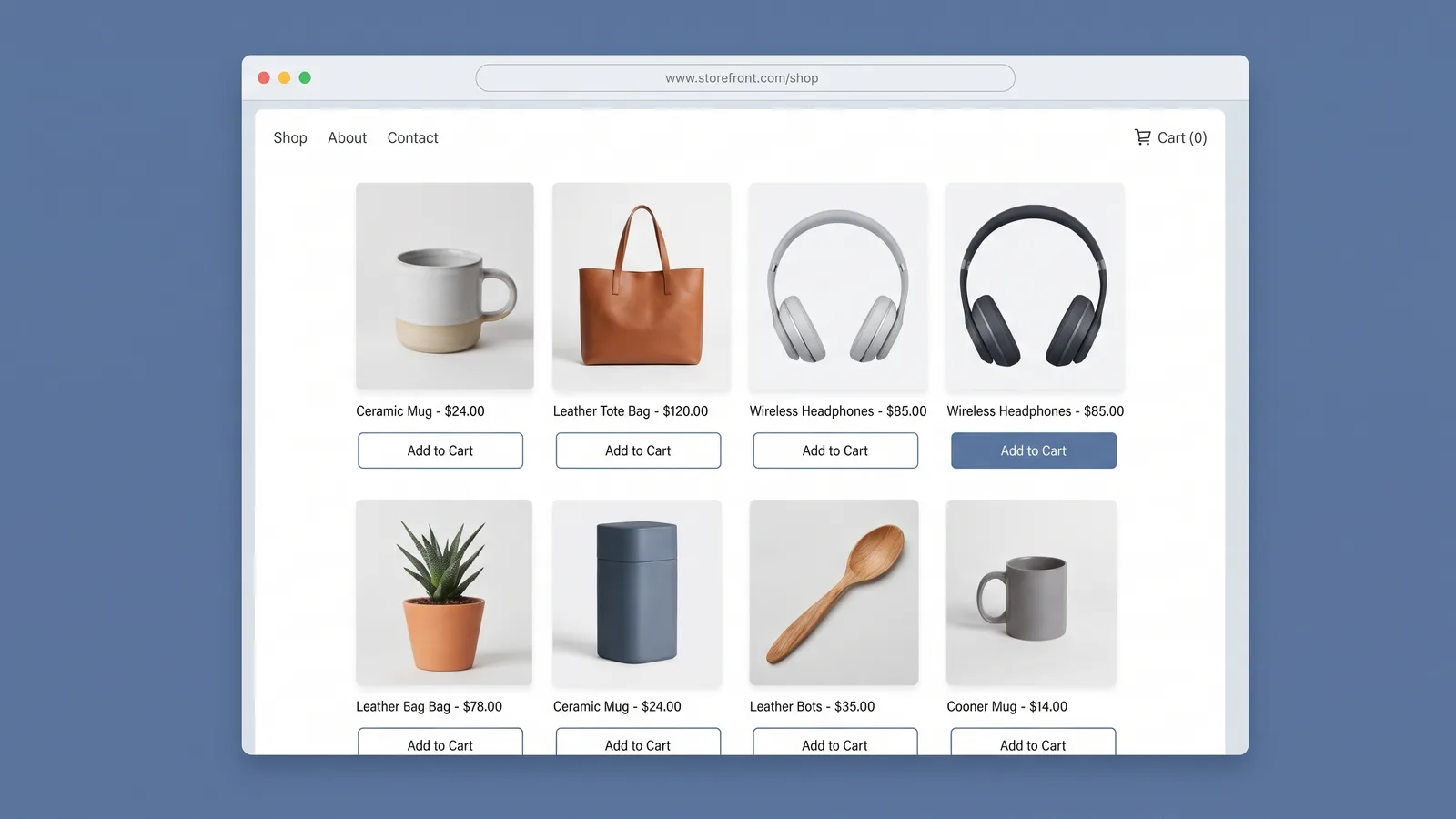 E-commerce storefront website design with a product grid and add-to-cart flow
